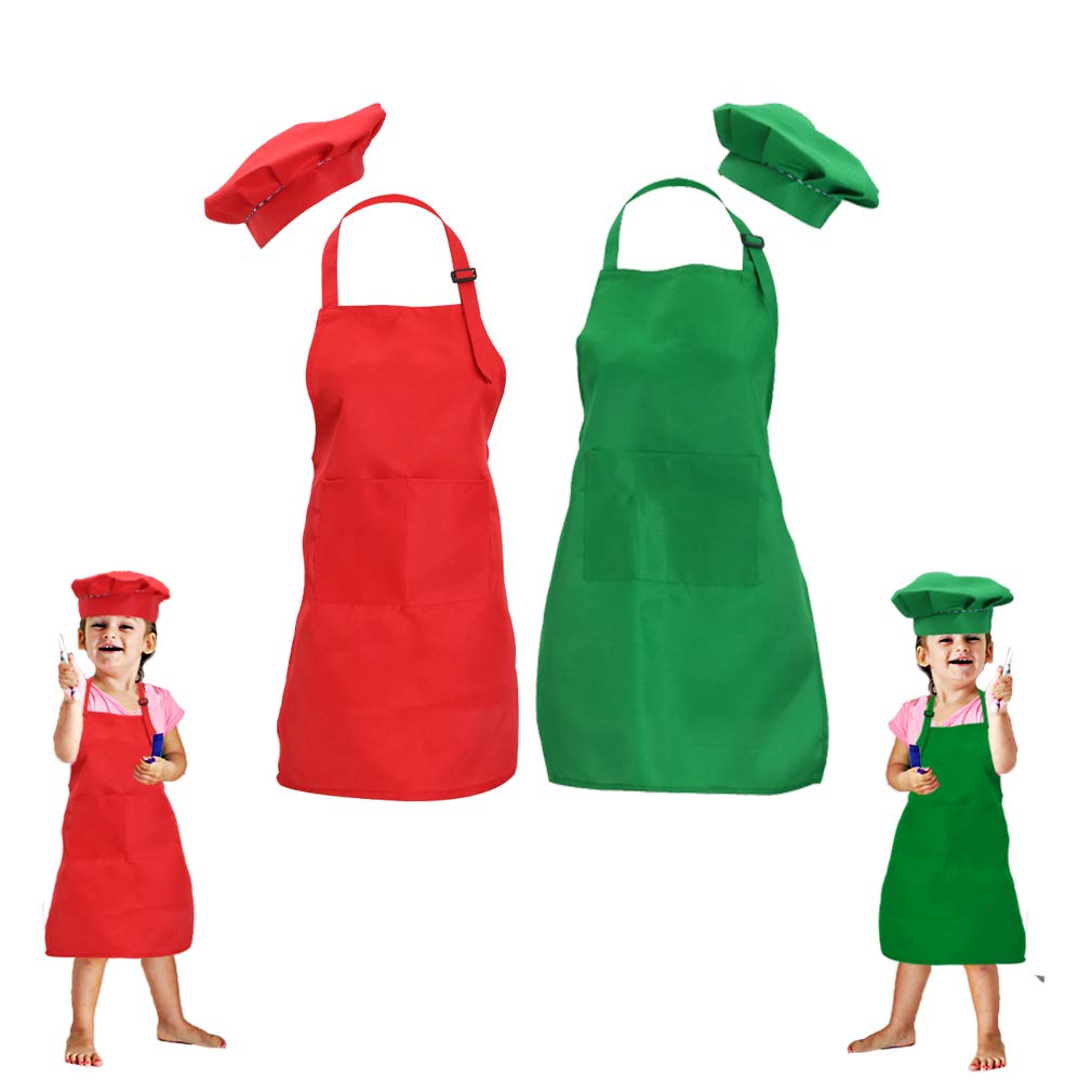 multifuns 2 Sets Green&Red Kids Apron and Chef Hat Set-Childrens Kids Apron for Girls Boys Cooking Painting Baking Wear 5-12 Age