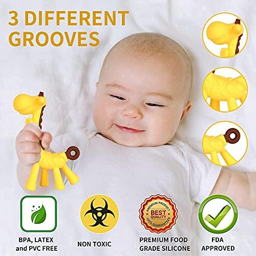 HAILI XMGQ Baby Teething Toys Set - 7 Piece Silicone Teether & Banana Finger Toothbrush, BPA Free, Pink Giraffe Shape for Infants