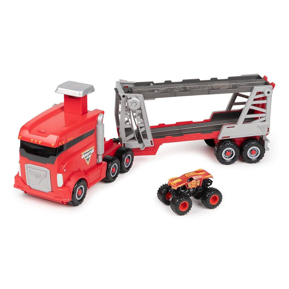Monster Jam, Official 2-in-1 Launch N Go Hauler Playset and Storage with Exclusive Monster Truck, 1:64 Scale Kids Toys for Boys