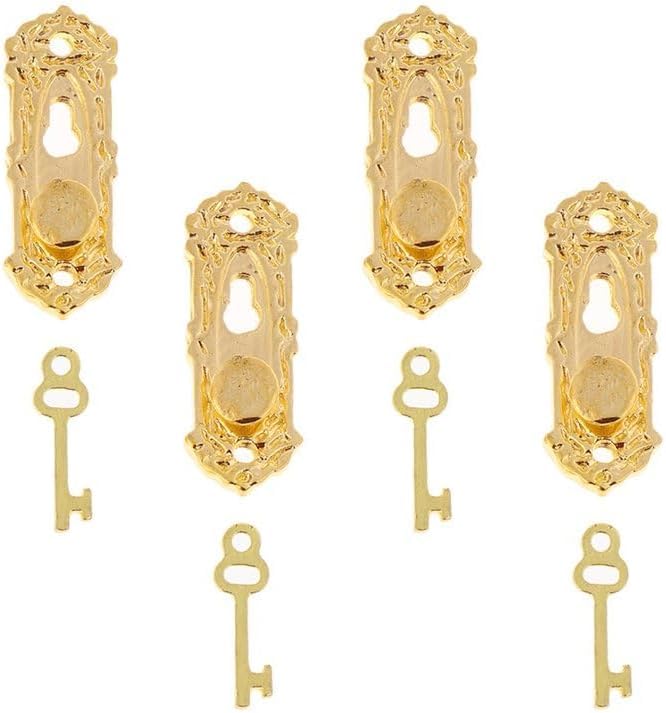 4 Set Gold 1/12 Miniature Door Knob Lock And Key Dollhouse Decoration Accessories