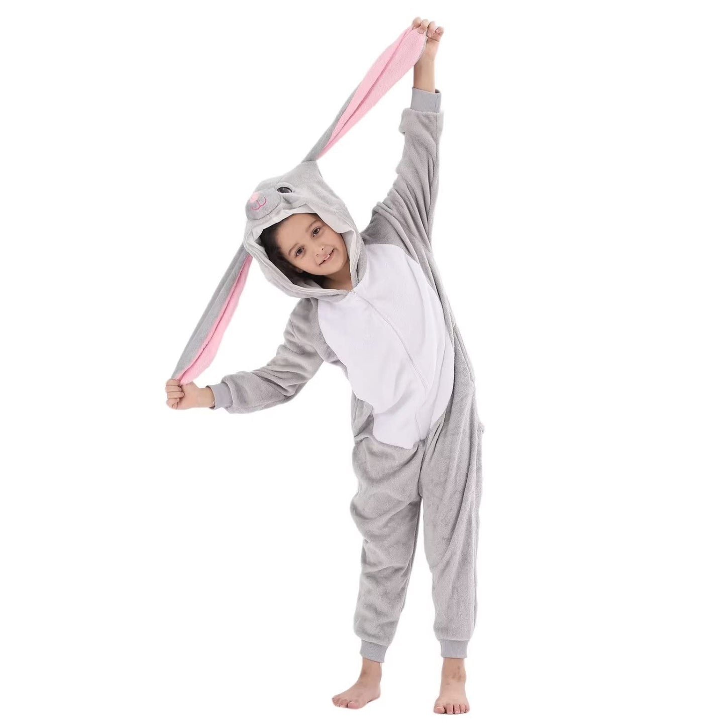 Lobujou Kids Onesie Costume For Boys Girls Halloween Animal Cosplay One Piece Flannel Hooded Gray Rabbit Xl