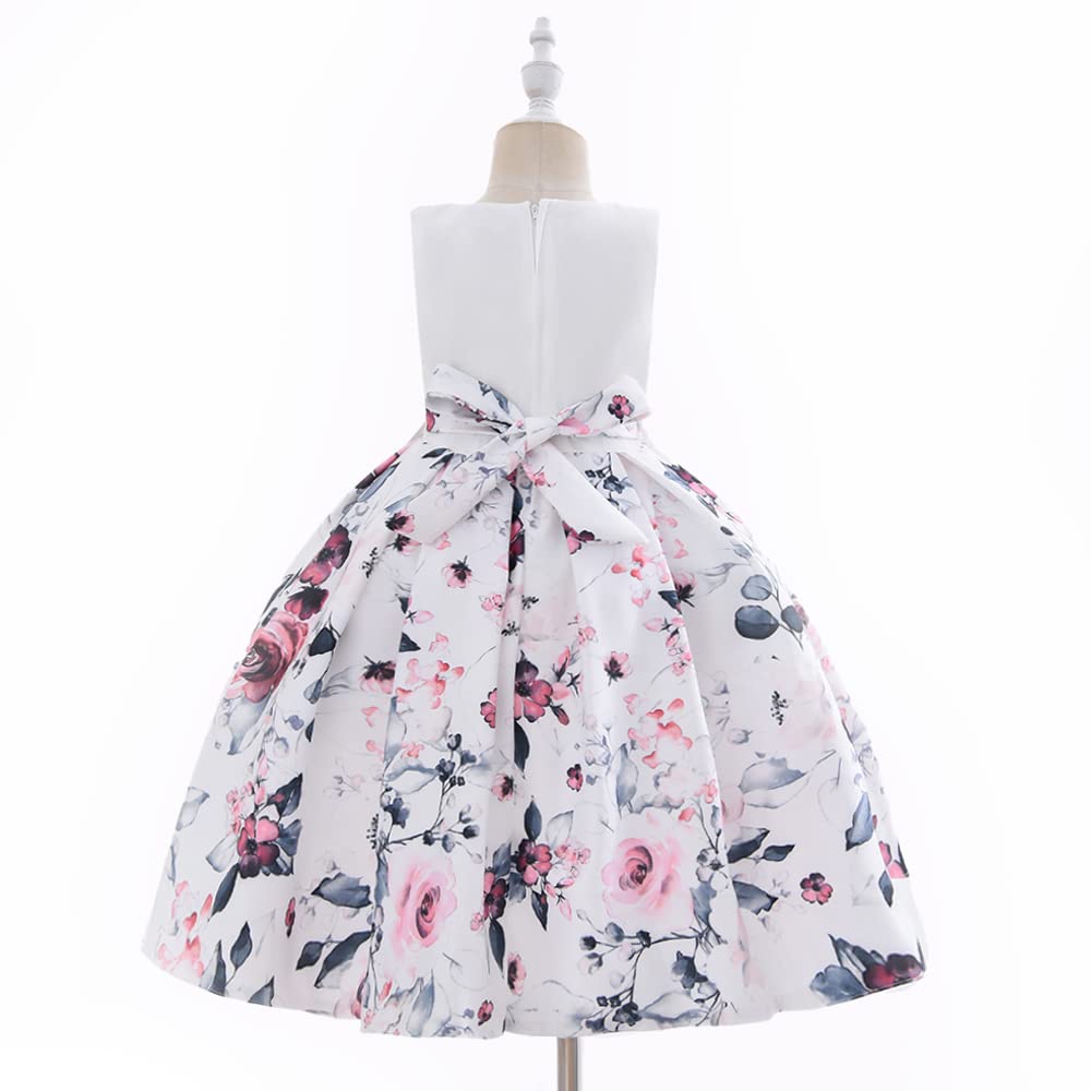 Cosplay Life Elegant Flower Dress for Girls Young mature-themed Fashion Bow Flower Waistline Kids Party Festival Ages 5-9 Years Old (White  7yrs)