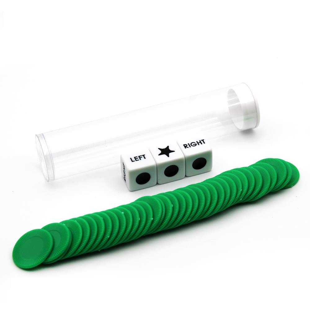 Spidfee Rigth Left Center Dice Game Set With 3 Dices + 36 Chips, Green Chips