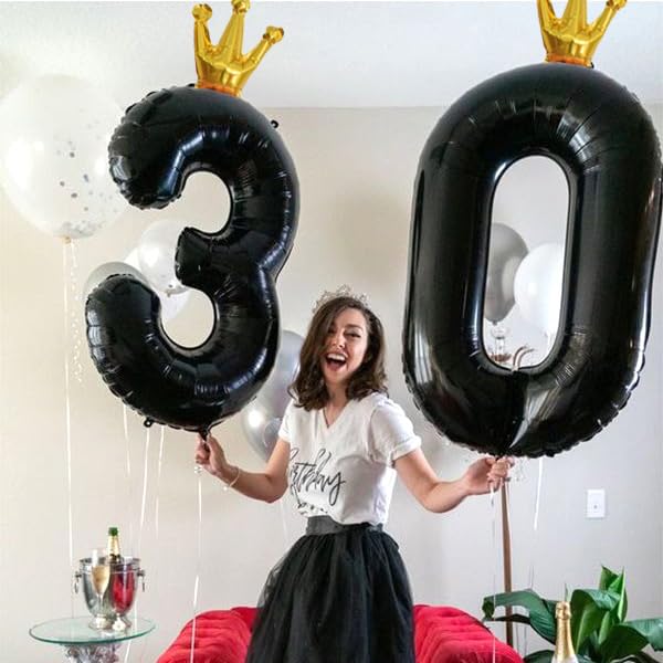 Crown Number Balloons 4 For Kids, Large Black Number Balloon 0-9 Set, Foil Helium Self Inflating 40 Inch Balloons For Girls 4Th