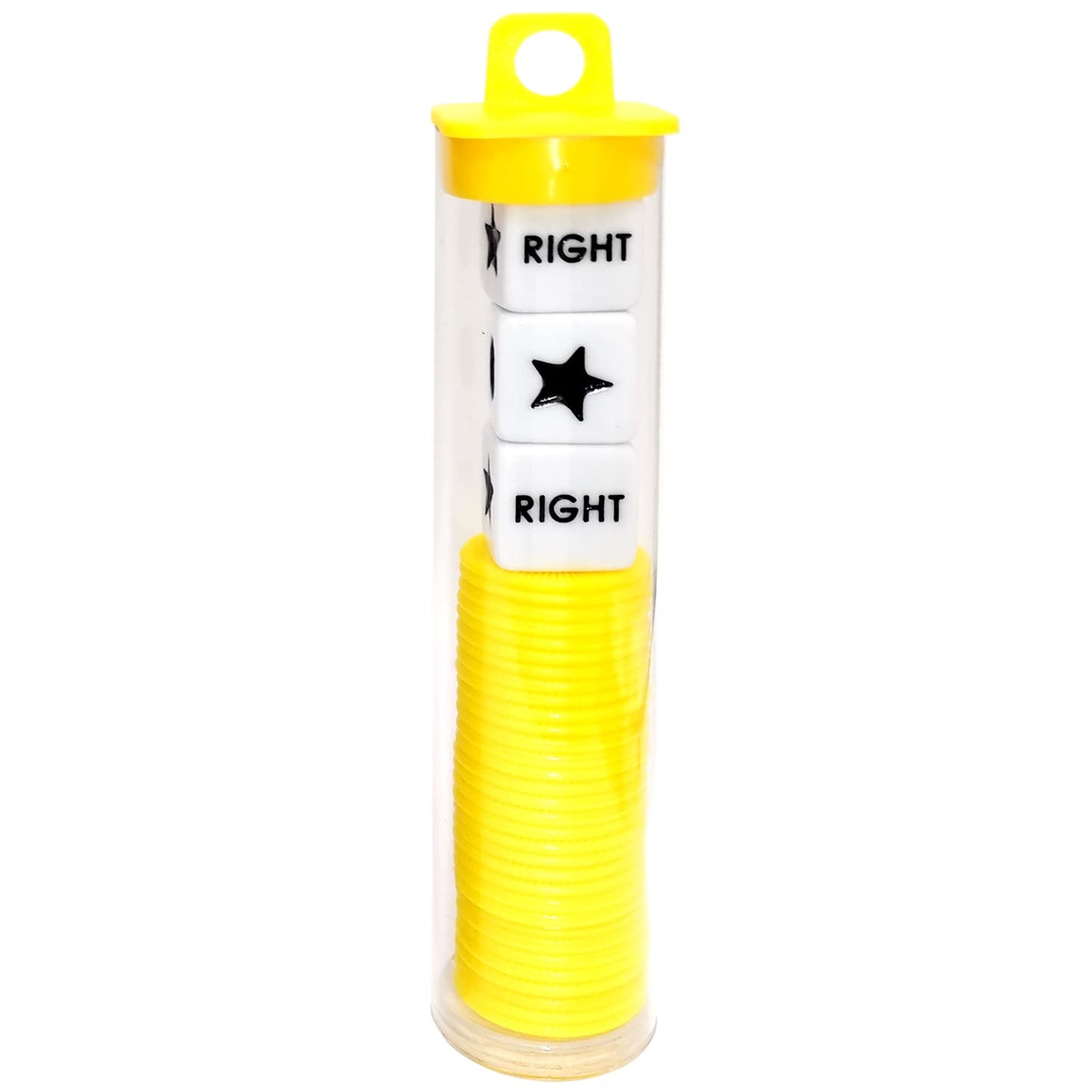 Ahoper Left Right Center Dice Game Prime Set Bundle With 3 Dices + 36 Chips. Round Tube Storage Is Very Convenient For Travel. Easy To Store, Carry Around. (Yellow)