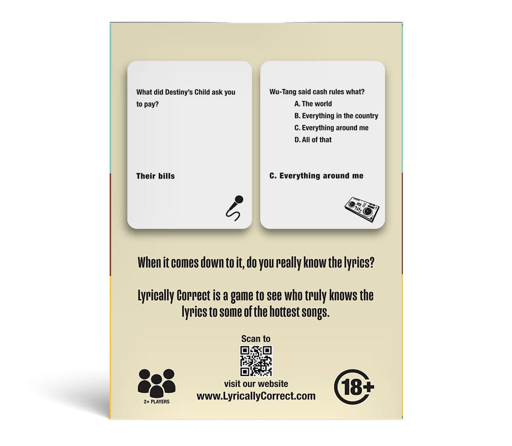 Lyrically Correct Hip Hop & R&B Trivia Card Game, Fun Party Game for Adults, Multicolor, Model LC20201A