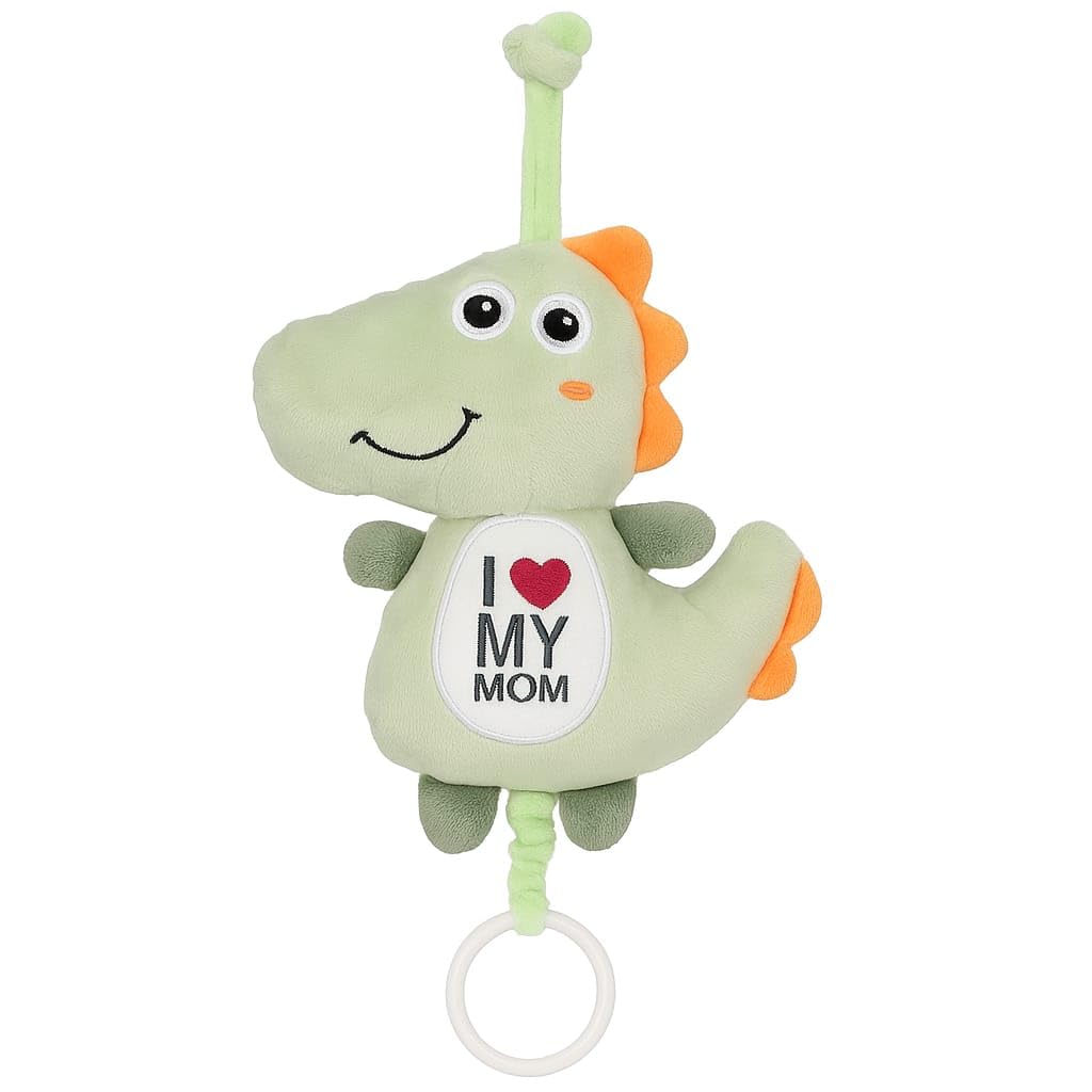 DTR Creation Musical Dino Plush Toy for Babies | Soft Hanging Crib Toy with Pull String Music & Sleep Sound | I My Mom Green & O