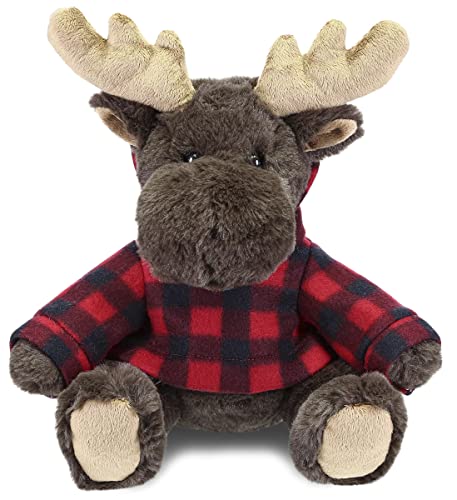 Dollibu Super Soft Moose Stuffed Animal With Plaid Red Hoodie Sweater - Cute Moose Plush Lumberjack Stuffed Toy With Plaid Jacke