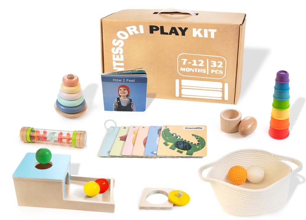 Woodmam Montessori Toys For Babies 6-12 Months, 9 In 1 Educational Wooden Toys Set, Includes Object Permanent Box, Stacking Cups, Mirror Puzzle, Ring Stacker And More
