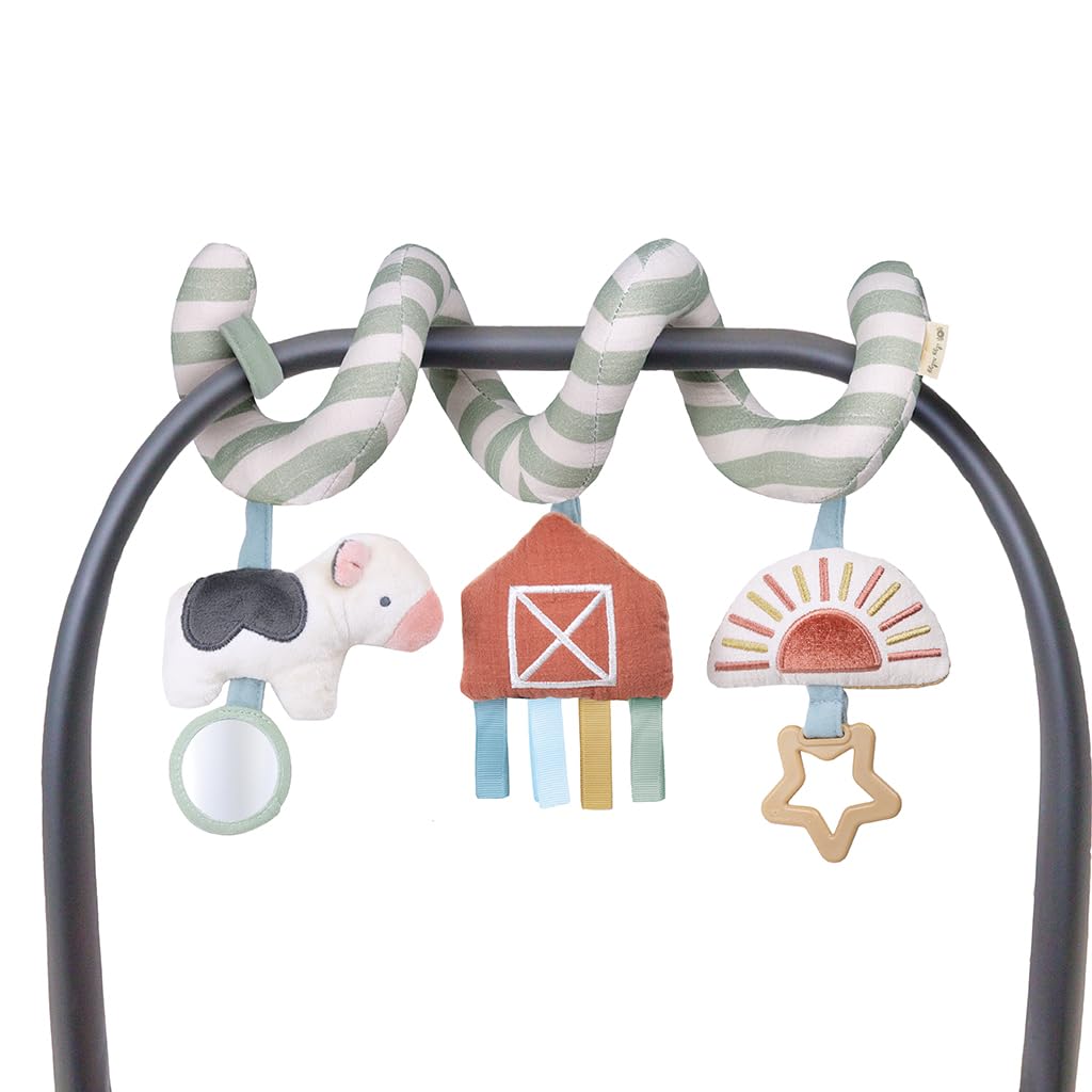 Itzy Ritzy Spiral Car Seat & Stroller Activity Toy - Stroller & Car Seat Toys For Ages 0 Months And Up - Hanging Toys Include Dangling Ring, Mirror And Textured Ribbons (Farm)