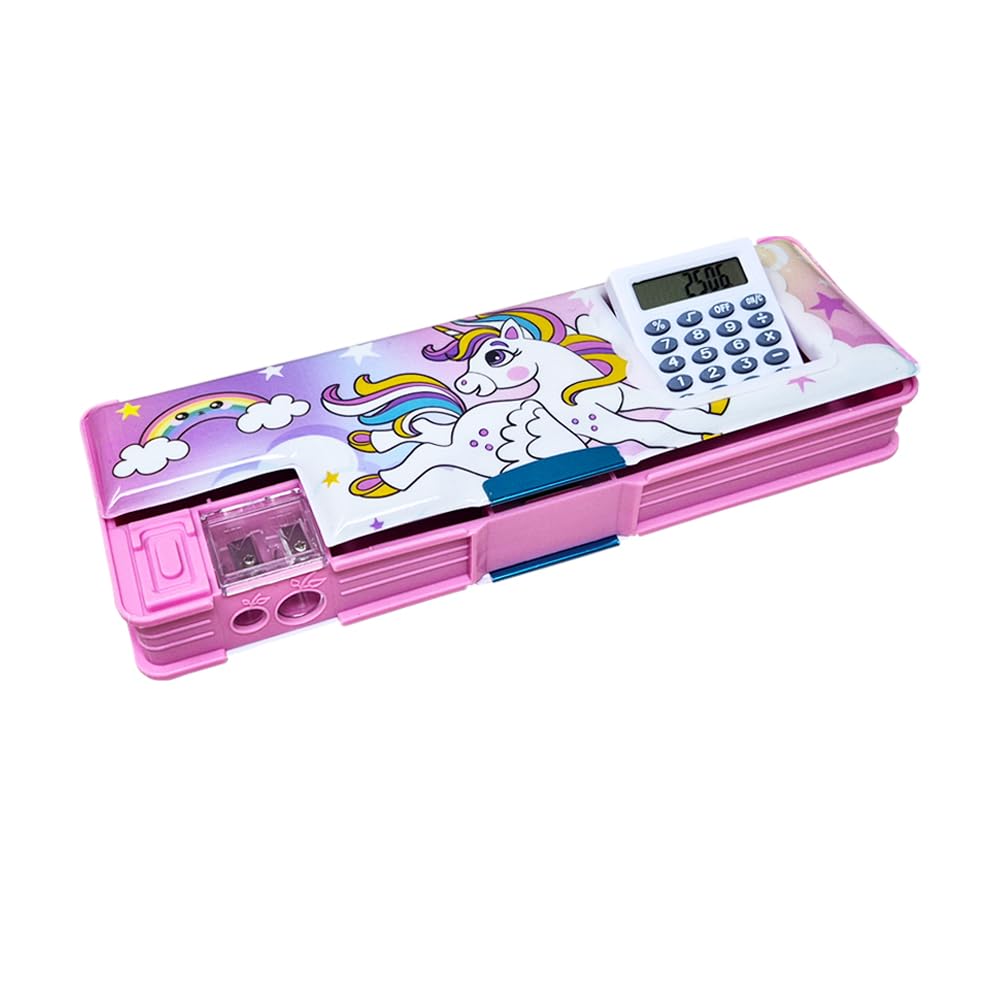 SIDAK Plastic Unicorn Printed Pencil Box With Calculator, Dual Sharpener, Pen & Pencil Holder, Magnetic Door Closure And Birthda