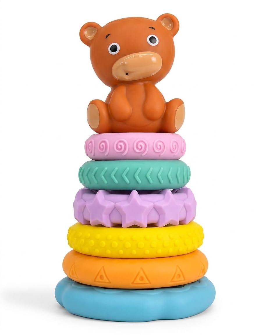 Woot Hoot Baby Sensory Toys  Teddy Bear Ring Stacker With Animal Topper And 6 Soft Textured Rings For Teething, Stacking & Moto