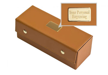 Alex Cramer Traveling Spinners Domino Set - Personalized Caramel Leather Case with 28 Indestructible Double-Six Dominoes