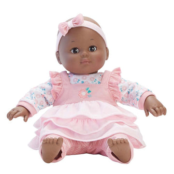 Madame Alexander 14-Inch Baby Cuddles Doll With Bottle, Pink Floral, Dark Skin Tone