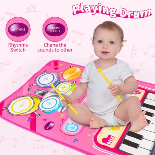 Amy & Benton Baby Piano Mat Pink Piano & Drum Mat 2 in 1, Toddler Musical Piano Mat Toy Birthday Gift for Girls Boys