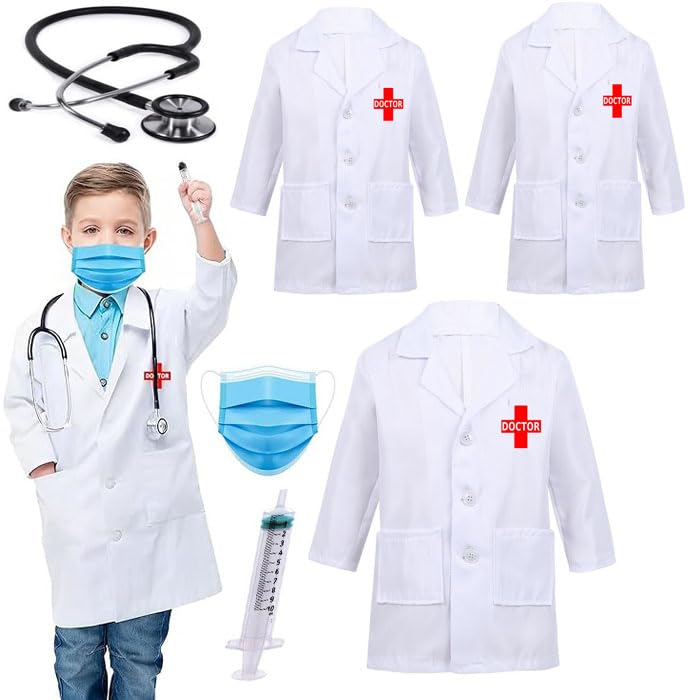 Fancyclub Full Sleeves Doctor coat for kids Doctor Dress for Kid with Stethoscope, Mask and Injection Fancy dress competition fo