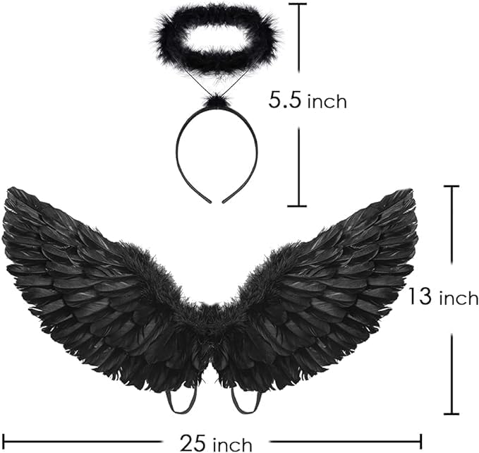 Szjias Black Wings Angel Costume Wings And Halo Devil Wings Fallen Wings For Kids Feather Wings For Halloween