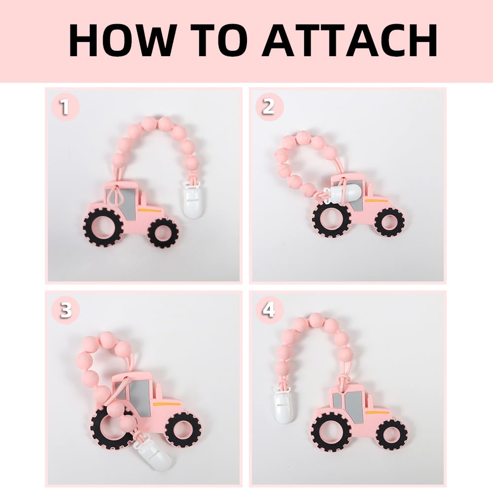 Baby Food Grade Silicone Tractor Truck Teether Toy With One Piece Design Pacifier Clip Holder,Teething Pain Relief Toys Gift Set
