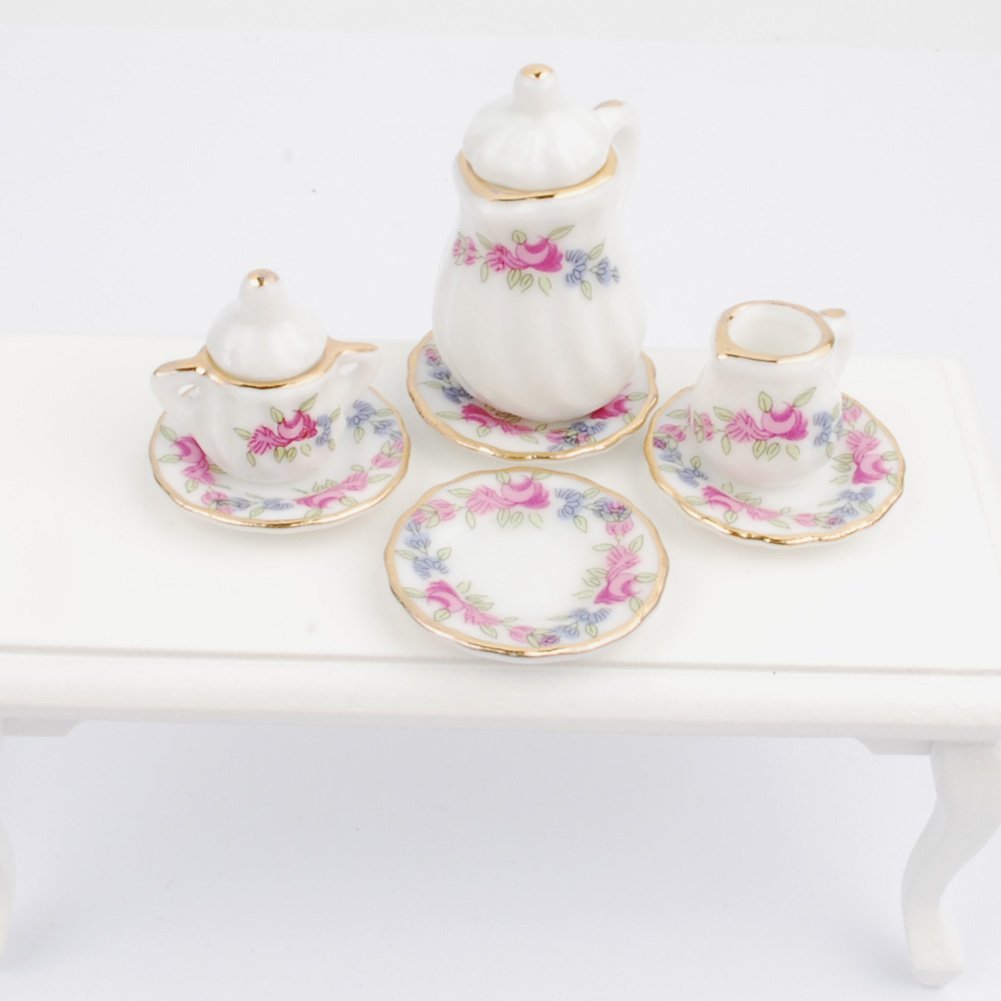 Baenrcy 1 Set 15 Pieces 1:12 Ceramics Tea Cup Set Lovely Dollhouse Decoration Set Dollhouse Kitchen Accessories(#1)