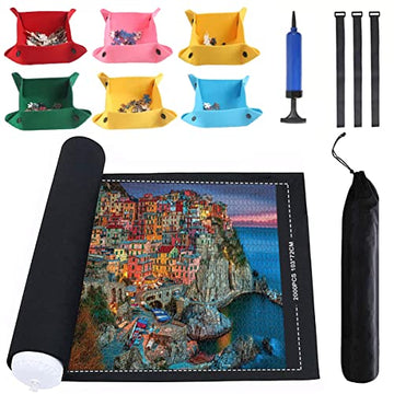 Jigsaw Puzzle Mat Roll Up - 2000 1500 1000 500 Pcs Puzzles Mats, Black Smooth Top & Non-Slip Felt Bottom Roll-Up Puzzle Matte For Sorting Table, Board, Frame, Storage+ 6 Save Trays. For Adults