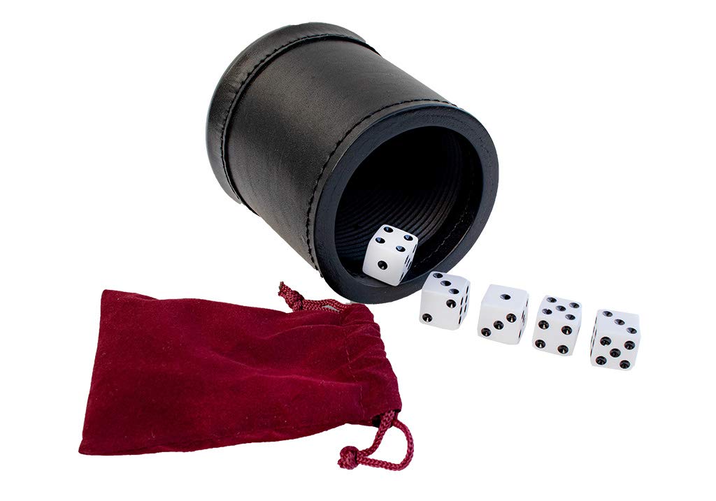 Alex Cramer Golden Gate Dice Shaker Cup Set - Leather Cup with 5 White Dice, Drawstring Pouch, & Liar’s Dice Book - Black Lining