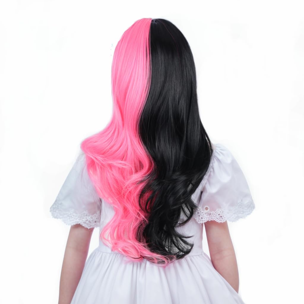 Ufindcos Pink & Black Wig For Kids - Long, Wavy, Curly, 22 Inches, Split Synthetic Wig With Wig Cap