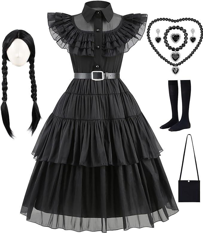 Ikali Girls Role Play Dress-Up Set With Accessories, Black Party Dress Cosplay Outfit For Kids Toddlers 4-6 Years