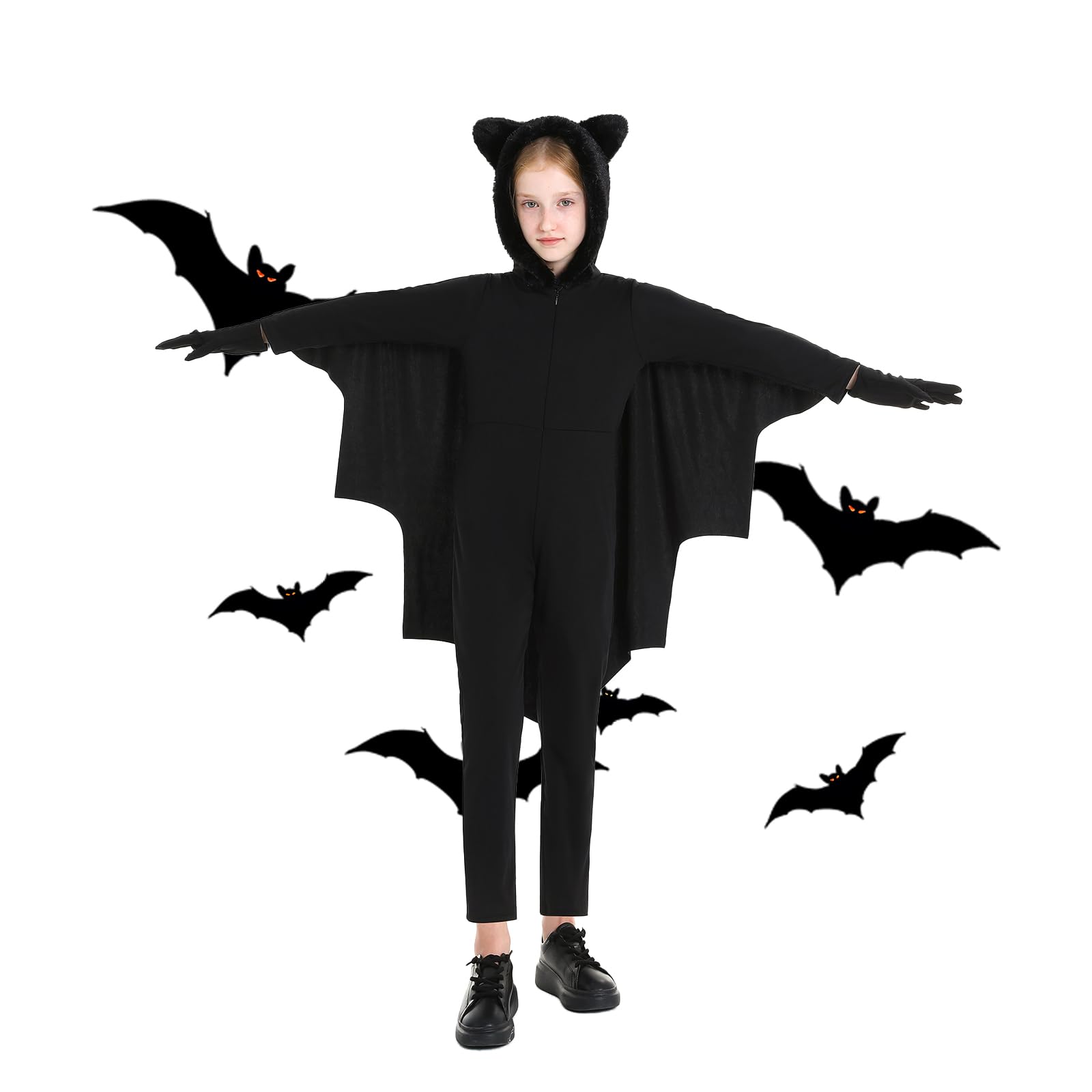 Bat Halloween Costumes For Kids, Bat Costume Kids Halloween Dress-Up Set With Flowing Black Wings, Gloves, And A Pair Of Cute Fu