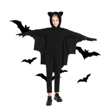 Bat Halloween Costumes For Kids, Bat Costume Kids Halloween Dress-Up Set With Flowing Black Wings, Gloves, And A Pair Of Cute Fu