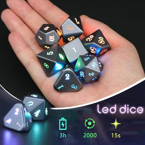 Wireless Charging LED Dice, DND Dice Rechargeable with Charging Box, ZHOORQI 7 PCS Light up Dices for Dungeons and Dragons RPG (