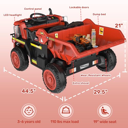 ANPABO Ride on Dump Truck, 12V Ride on Car with Remote Control, Electric Dump Bed and Extra Shovel, Ride on Construction Vehicle