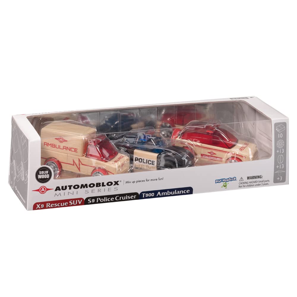 Automoblox Mini Rescue Pack - Wooden Mix-and-Match Vehicles - Build and Rebuild - Ages 4+