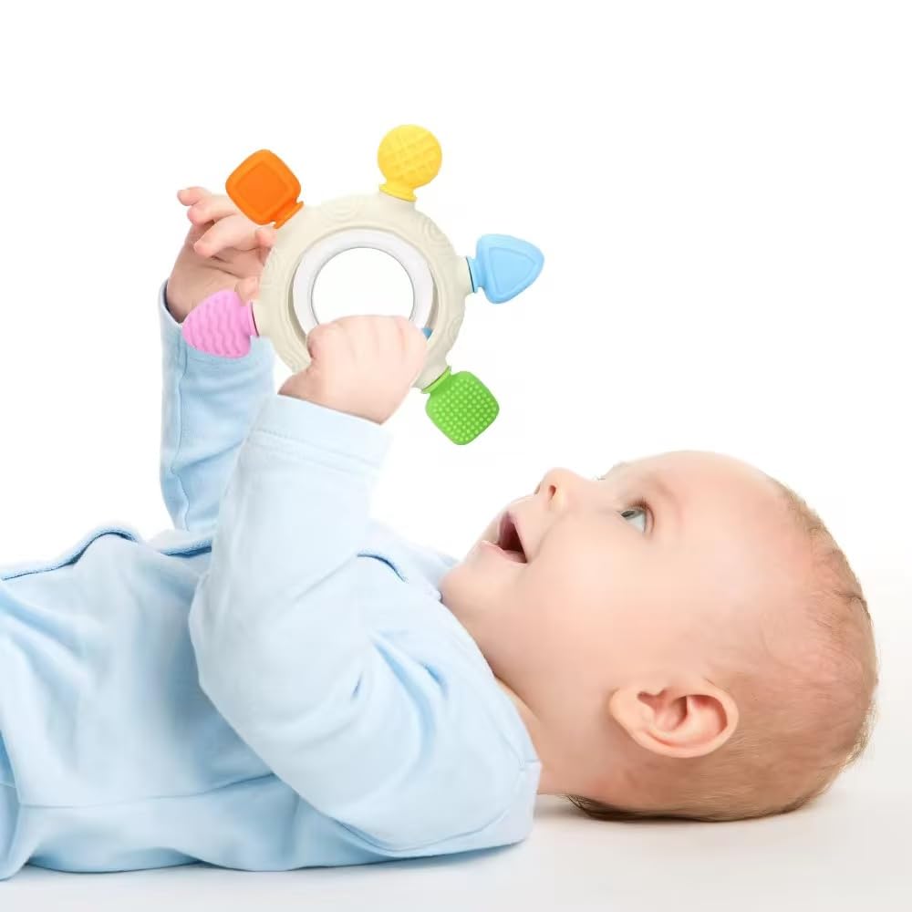 Silicone Baby Teething Ring with Rattle Beads - Multi-Textured BPA-Free Teether for Infants 3+ Months, Freezer Safe Chew Toy for