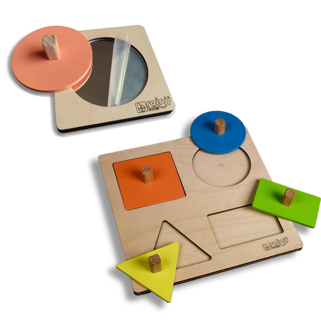 Brainytots Montessori Puzzle Combo: Circle Mirror Puzzle & 4 Shapes | Teaches Shape Recognition, ProblemSolving & SelfDiscover