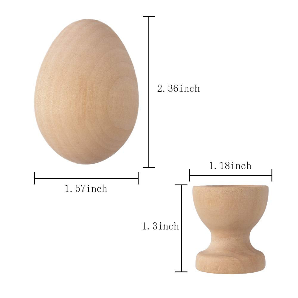 HOKPA Wood Eggs with Wooden Egg Cup Holders, Unpainted Craft Eggs, 6 Cups and Smooth Eggs in a Pack, Display DIY Easter Hallowee