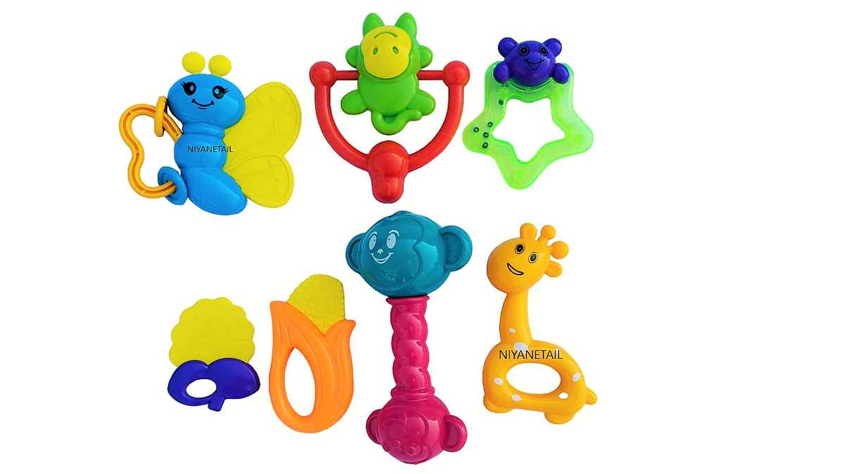NIYANETAIL Colourful Plastic NonToxic Set of 7 pc Attractive Rattle for New Borns Rattles and Teether for Babies, Plush Rings, 
