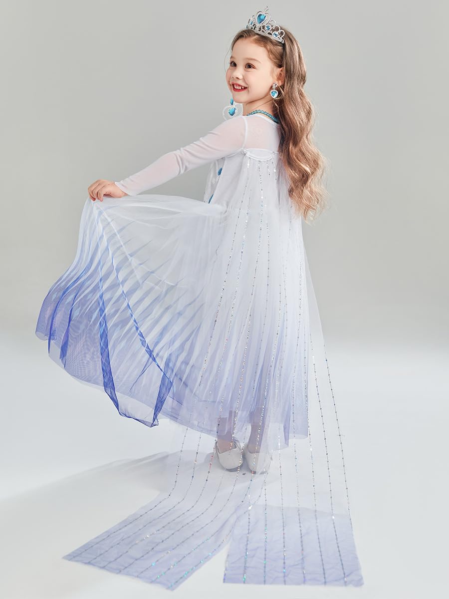 Sototoo Elsa Costume Long Sleeves Princess Dress Queen White Costume Cosplay Dress Up With Accessories Halloween (White,9-10Year