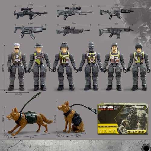 Baimiby Army Men 6 Pcs Soldier Toy Military Playset for Army Men Action Figure with  and 2 Police Dog Figures Army Toy Set Birthday Gift for Boys Age 4-7