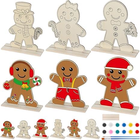 American Elm 6 Pcs Christmas Gingerbread Crafts For Kids | Diy Wooden Gingerbread Man Painting Kit | Color Your Own Xmas Table D