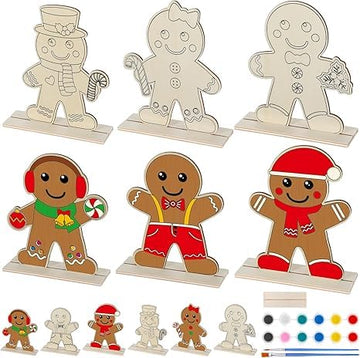 American Elm 6 Pcs Christmas Gingerbread Crafts For Kids | Diy Wooden Gingerbread Man Painting Kit | Color Your Own Xmas Table D