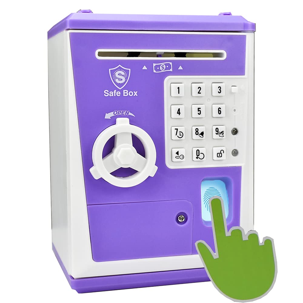 Toy Safe Box, Electronic Atm Piggy Bank, Money Coin Savings Bank, Finger Print Scanner Lock, Great Gift For Children Kids (Purpl
