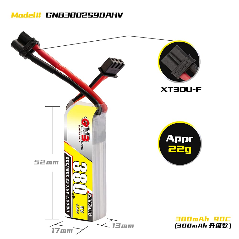 GAONENG 4PCS GNB 2S 7.6V HV 380mAh 90C 180C LiPo Battery with XT30 Connector for 60-130mm Brushless FPV Drone
