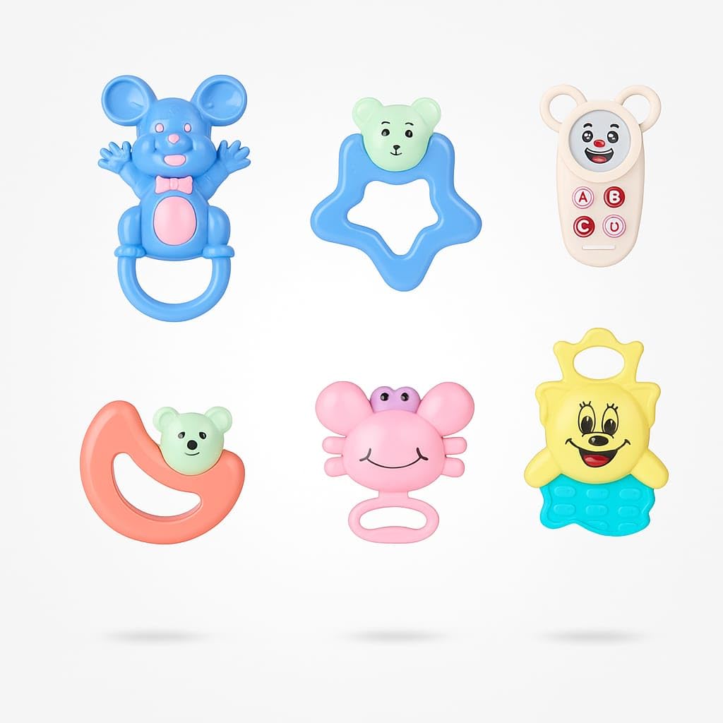 Earendel Kids Baby Rattle Toys 6 Piece Set, Colorful Shaped Teethers And Rattles, NonToxic Early Learning Hand Grip Toys For Ne