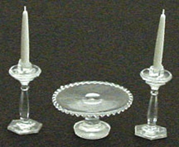 Dollhouse Miniature Chrynsbon Clear Crystal Cake Plate And Candlesticks Mini Kit