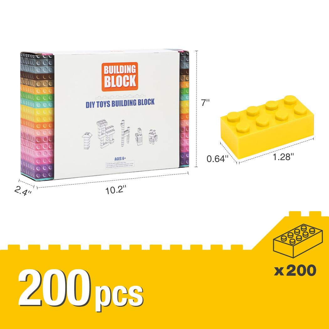 Unirolic Classic Building Bricks, 200 Piece 2X4 Building Blocks Stem Creative Building Toys Compatible With All Major Brands, Moc Building Bricks Diy Play Set For Kids Age 6+ (Yellow)