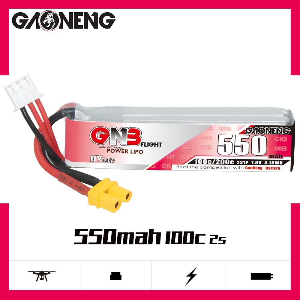 GAONENG 4PCS GNB 2S 550mAh LiPo Battery 7.6V HV 100C Long Range Drone FPV XT30 Connector for Emax Tinyhawk II Micro FPV Racing D