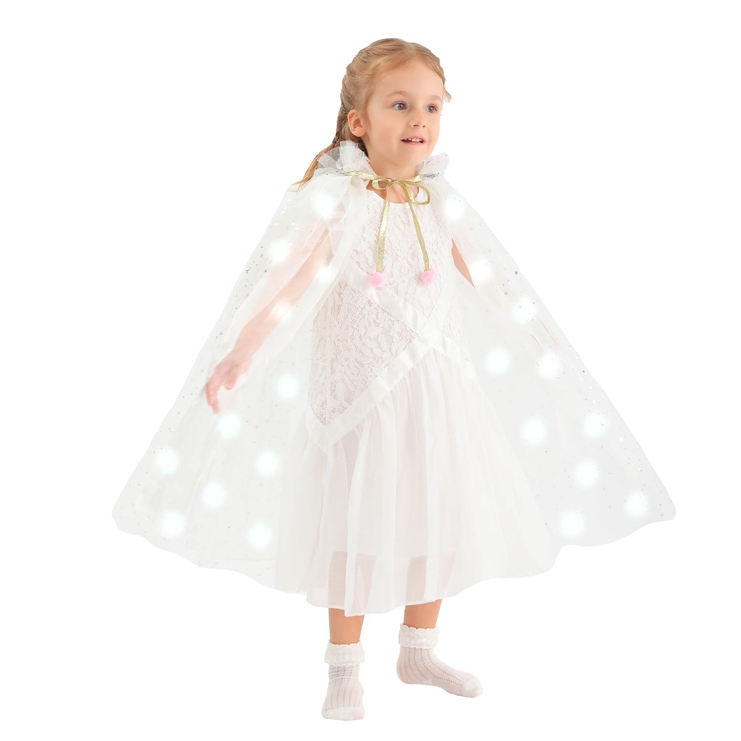 HSCTEK Light Up Princess Cape, White Princess Dress up Tulle Cape, Coloful Princess Outfit Costume Accessories Kids Toddlers Gir