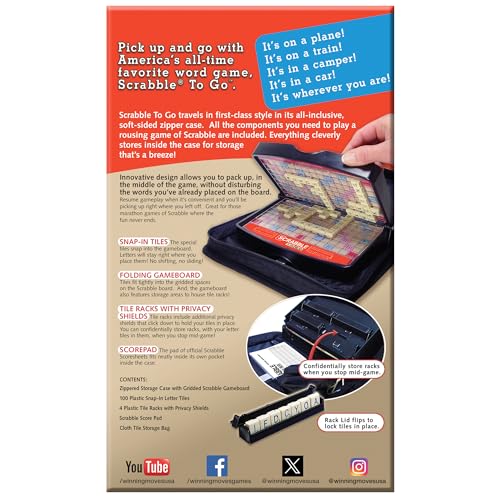 Winning Moves Scrabble to Go - Travel Word Game for 2-4 Players, Ages 8+, Plastic, Black/Red, Model 1202