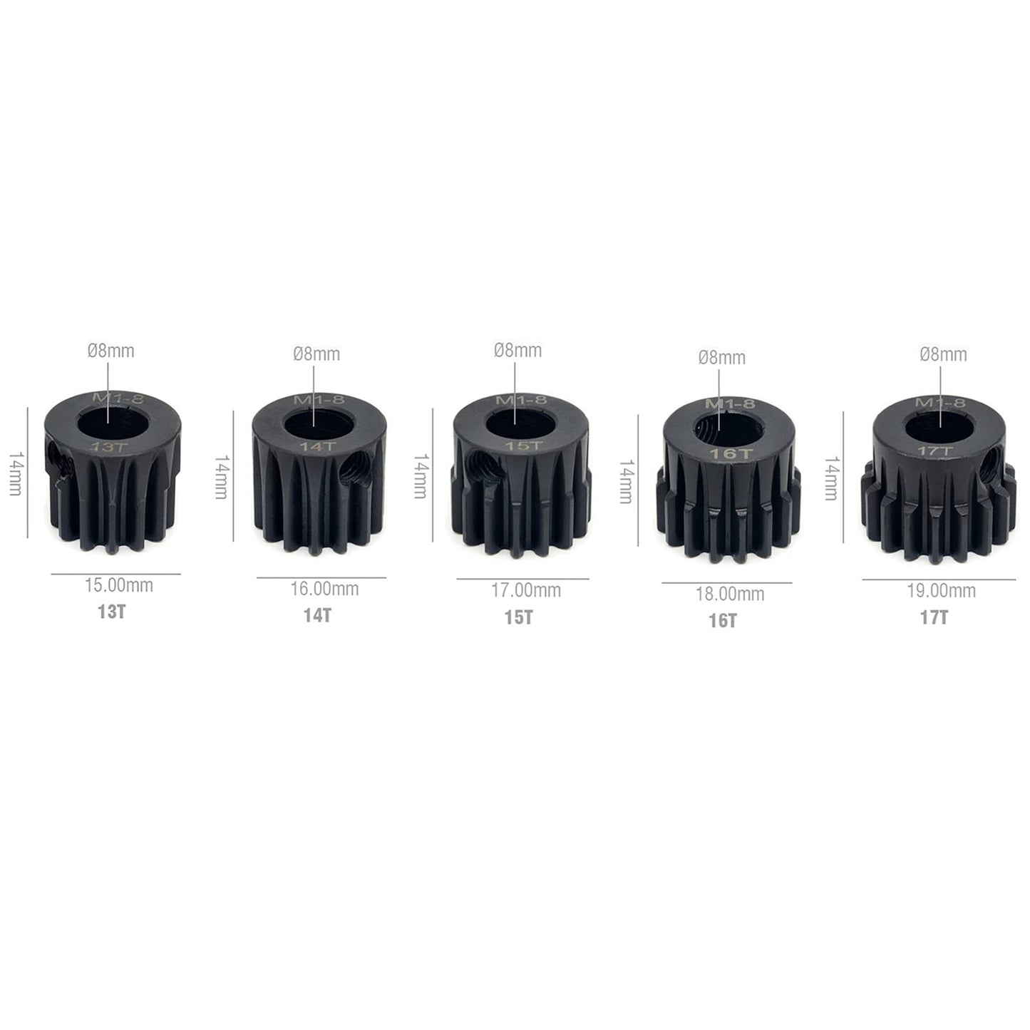 KingVal Replacement 5PCS M1 8mm 13T 14T 15T 16T 17T Steel Pinion Motor Gear Compatible with 1/5 RC Car Brushed Brushless Motor