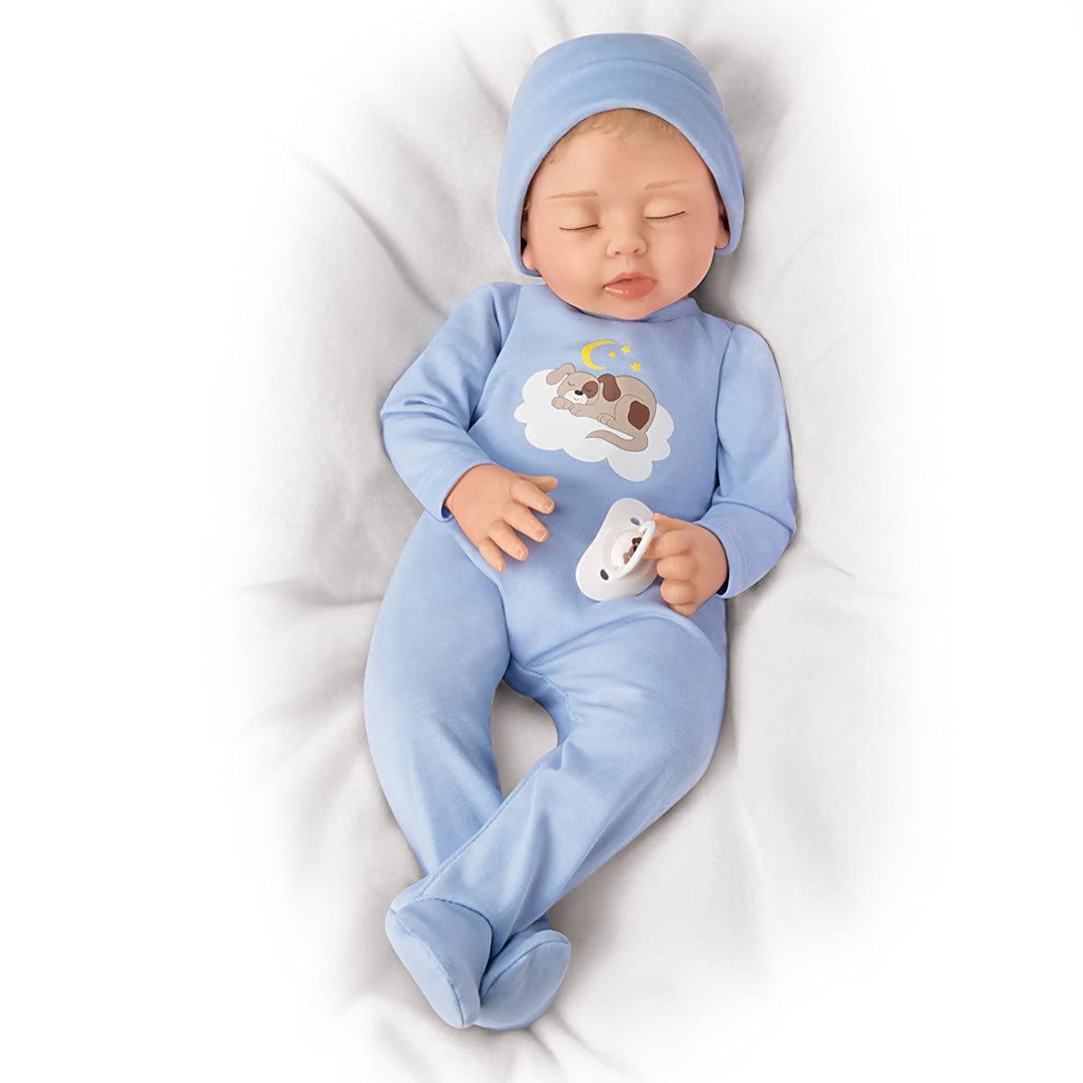 So Truly Real Puppy Over The Moon Vinyl Baby Doll by Artist Mayra Garza Featuring A Custom Footed Sleeper Outfit with Hat